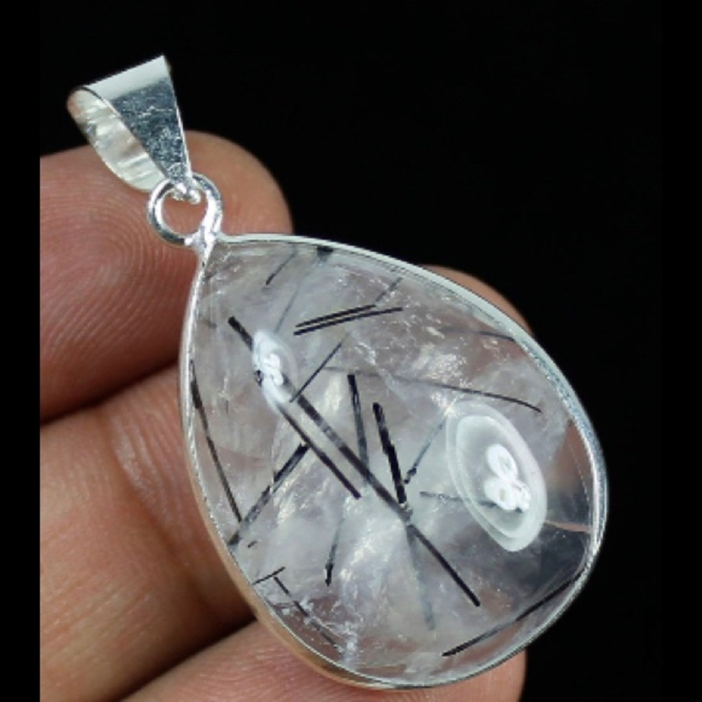 Sterling Silver Black Rutile Quartz Teardrop Pendant - Clear and Black